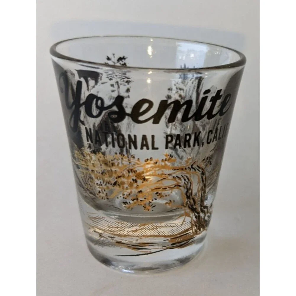 Yosemite National Park California Shot Glass Gold Black Wildlife Scene Souvenir